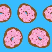 Seamless pattern of donut rings in cartoon flat style. Chocolate and white sprinkles, pink cream and chocolate base. Sweet bakery. Vector colorful illustration isolated on blue background.