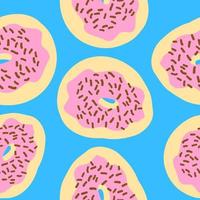 Seamless pattern of donut rings in cartoon flat style. With chocolate sprinkles, pink cream and wheat base. Sweet bakery. Vector colorful illustration isolated on blue background.