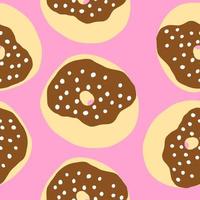 Seamless pattern of donut rings in cartoon flat style. White hearths sprinkles on a pink cream with chocolate base. Sweet bakery. Vector colorful illustration isolated on light background.