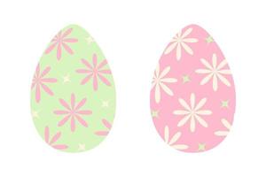 Set of two Easter eggs in trendy green and pink with pattern of abstract stars and flowers. EPS vector