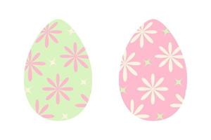 Set of two Easter eggs in trendy green and pink with pattern of abstract stars and flowers. EPS vector