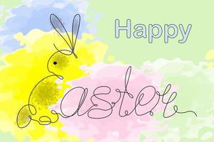 Happy Easter lettering and Easter bunny in one continuous line against abstract watercolor stains vector