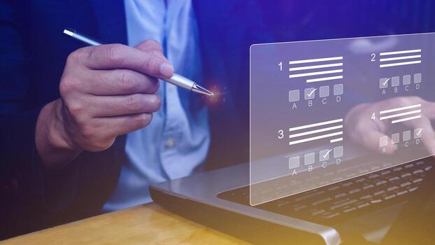 Online exam concept, choose correct answer in test. checklist and online testing on laptop. online exam test with laptop. online questionnaire results on desktop. quiz. photo