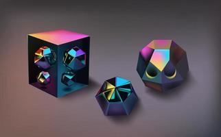 Hologram geometric shapes set. Iridescent modern 3d multicolor object.Futuristic neon gradient figures vector