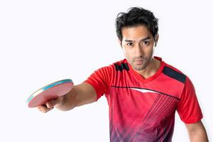 Portrait of sports man male athlete playing table tennis isolated. photo