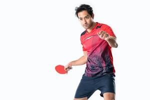 Portrait of sports man male athlete playing table tennis isolated. photo