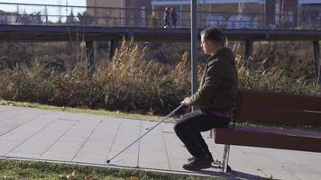 Blind Mens zittend Aan een park bank. hij krijgt omhoog en wandelingen. Blind Mens zittend Aan een park bank krijgt omhoog en wandelingen met zijn riet. video