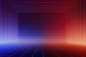 3d render, abstract blue red neon background, glowing lines inside empty tunnel,fashion podium photo