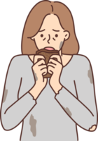 hambriento mujer en sucio Rasgado camiseta trae pedazo un pan a boca después largo ausencia comida png