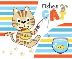 Funny cat fishing at a jar, mice on letter, vector cartoon illustration