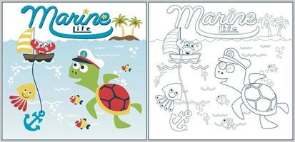 Cartoon vector illustration, cute turtle with marine animals, crab on sailboat, coloring page or book