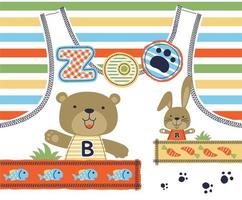 Cute bear with rabbit on kids t shirt pattern, vector cartoon illustration