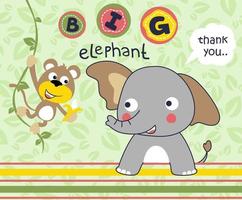 vector cartoon of funny monkey holding banana with elephant on leaves background pattern
