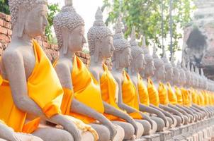 Buda estatuas en a wat yai chaimongkol en ayutthaya tailandia, en ayutthaya histórico parque, cuales es Reconocido como un la unesco mundo patrimonio sitio foto