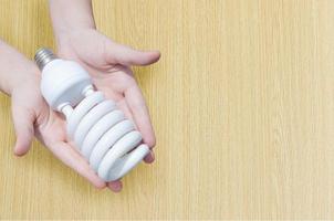 Energy saving concept, Woman hand holding light bulb on wooden background,Ideas light bulb in the hand photo