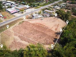 vacant land management land reclamation for land plot for building house aerial view, land pins location for housing subdivision residential development owned sale rent buy or investment home expand photo
