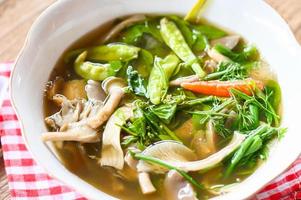 Mushroom curry with chili vegetable, Thaifood spicy grey oyster mushroom soup on bowl food with Melientha suavis photo