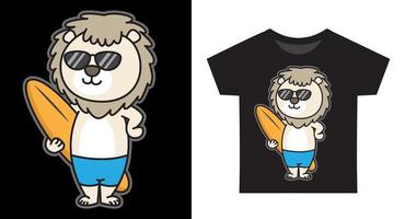 Funny lion standing with surfboard cartoon illustration for kids t shirt vector