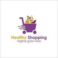 Healthy Shopping Logo Design Template with cart icon and fruits, Perfect for business, restaurant, company, app, technology, mobile, etc vector