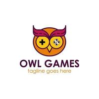 Owl Games Logo Design Template with owl icon and joystick. Perfect for business, company, mobile, app, etc. vector