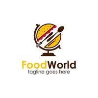 Food World Logo Design Template with burger icon and globe stand. Perfect for business, company, mobile, app, restaurant, etc vector