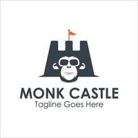 Monkey Castle Logo Design Template with monk icon and castle. Perfect for business, company, mobile, app, etc vector