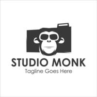 Studio Monk Logo Design Template with monk icon and camera. Perfect for business, company, mobile, app, etc vector