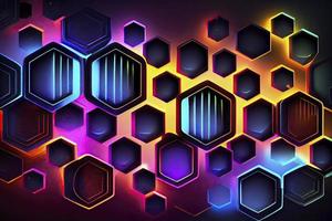 Abstract hexagonal shapes background with neon color elements photo