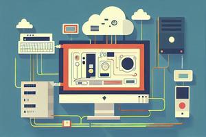Flat design vector illustration concept of computer and connected mobile devices with links photo