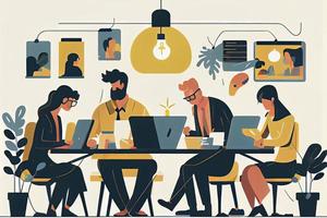 Group Of Young Business People Working Together Sit At Office Desk Coworking Mix Race Creative Workers photo