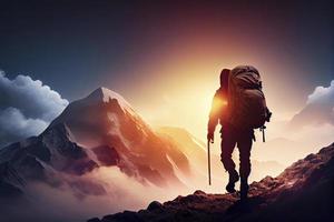 Hiker goes against sky and sun. Hiking concept photo