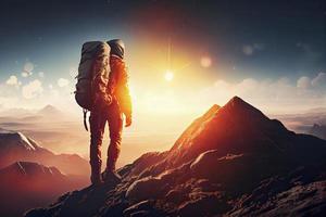 Hiker goes against sky and sun. Hiking concept photo