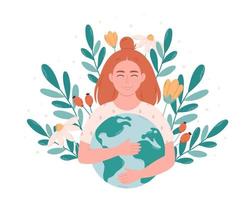 Woman hugging Earth globe. Earth Day, saving planet, nature protect, ecological awareness vector