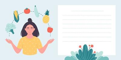 mujer con vegetales y frutas sano alimento, apropiado nutrición, vegetariano, vegano. comida diario, receta libro, sitio para notas vector