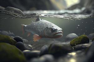 Salmon swimming against river current photo