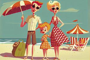 Family on summer vacation concept. Parents couple and kids walking on beach photo