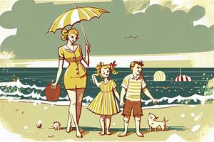 Family on summer vacation concept. Parents couple and kids walking on beach photo