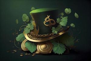 St. Patrick's card with two green leaf, a green hat and piles of gold coins photo