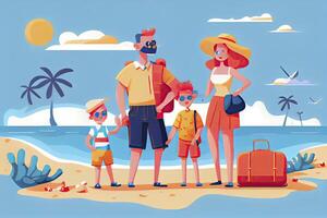 Happy family with two kids enjoy summer vacation on seaside. Summer travel and leisure on sea beach photo