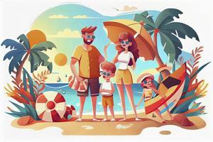 Happy family with two kids enjoy summer vacation on seaside. Summer travel and leisure on sea beach photo