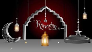 3d modern islamic holiday banner. Display podium with ramadan lantern, metal moon and mosque portal vector