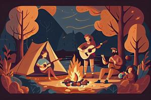 Happy family enjoying camping. Couple and kid playing guitar, singing at campfire flat vector illustration photo