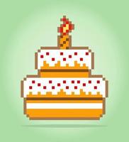 Pastel de cumpleaños de 8 bits de píxeles. alimento para los activos del juego en la ilustración vectorial. vector