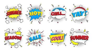 8 Lettering Summer In The Speech Bubbles Comic Style Flat Design. Dynamic Pop Art Vector Illustration Isolated On White Background. Exclamation Concept Of Comic Book Style Pop Art Voice Phrase.