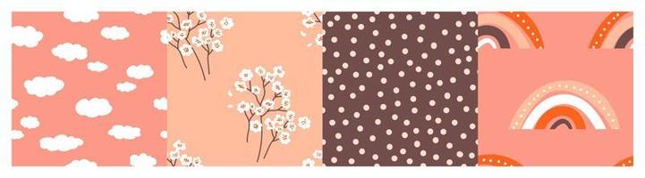 Clouds and rainbow. Cherry blossom. Dots pattern. Pink patterns set.  Vector background. Baby print. Perfect for printing on the fabric, design package and cover