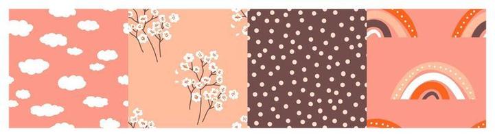 Clouds and rainbow. Cherry blossom. Dots pattern. Pink patterns set.  Vector background. Baby print. Perfect for printing on the fabric, design package and cover