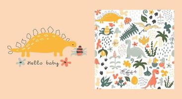 Dino pattern. Hello baby card. Vector background. Seamless pattern with dinosaurs, prehistoric plants, spots, traces,  raindrops and eggs. Baby print