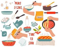 Baking set. Preparation the cherry pie with ingredients and utensils. Female hands. Text - Make a cake, Time to cook. vector