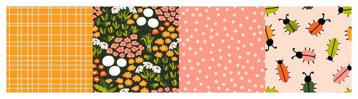 Floral patterns set. Flowers, chamomiles, herbs. Grid, dots pattern, beetles. Vector backgrounds. Perfect for printing on the fabric, design package and cover