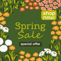 Spring SALE. Trendy vector border. Ideal for advertising and discount in the market. Floral pattern. Abstract flowers, chamomiles, herbs.